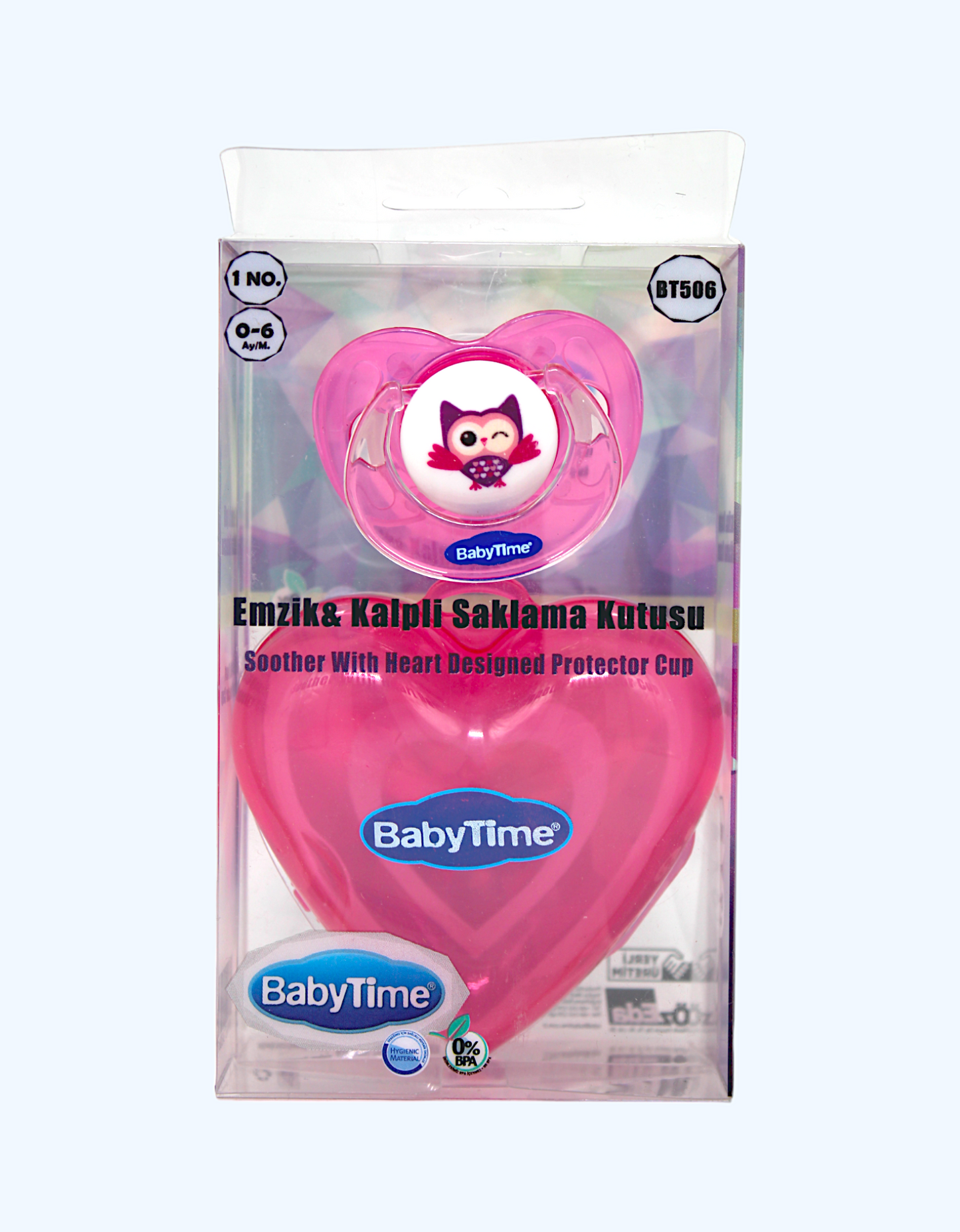Himoya yurak shaklidagi chashka bilan Baby Time emzik, 0-6 oy.