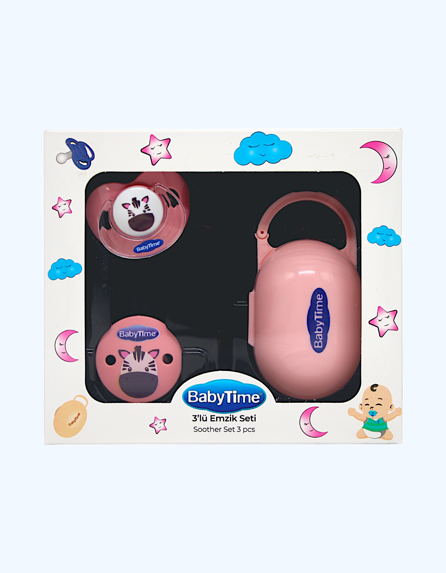 Baby Time Tutqichli va qopqoqli emziklar to'plami 3 dan 1 gacha