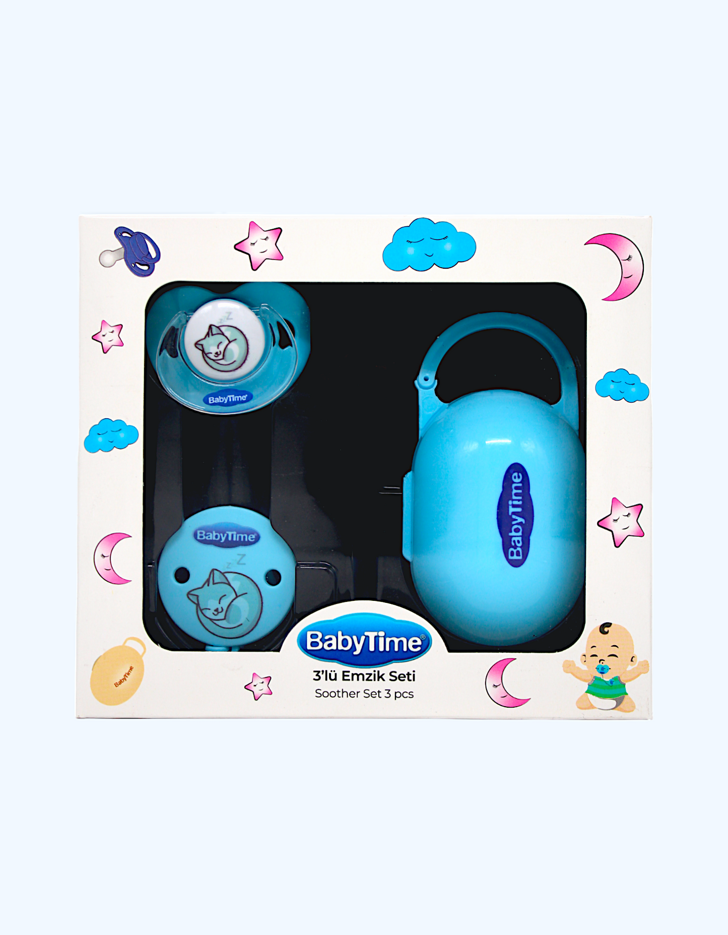 Baby Time Tutqichli va qopqoqli emziklar to'plami 3 dan 1 gacha