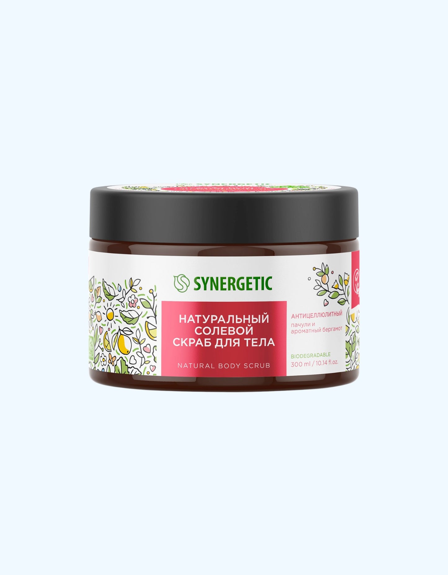 Synergetic Солевой скраб для тела, пачули и ароматный бергамот, 300 мл
