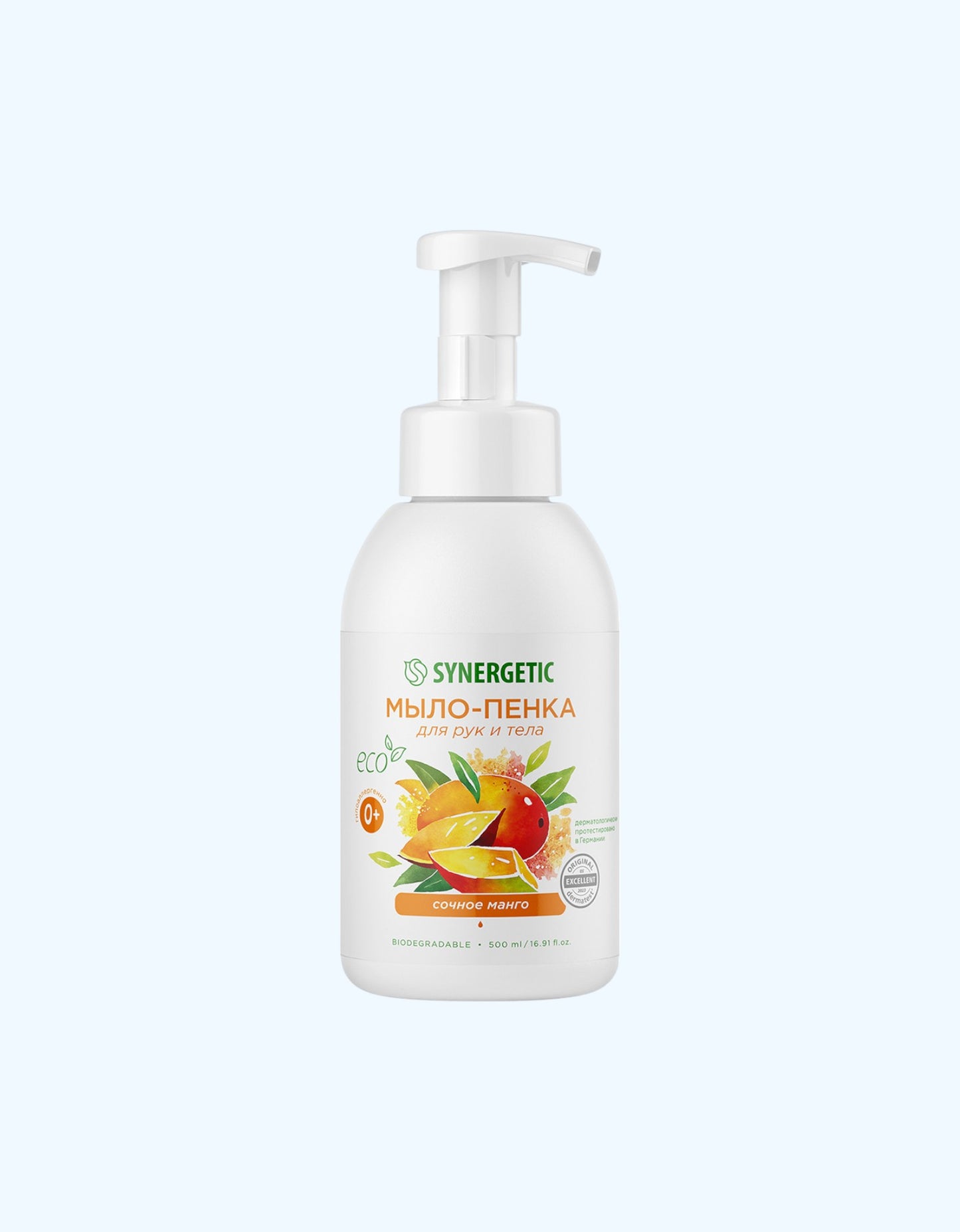 Qo'l va tana uchun Synergetic Baby ko'pikli sovun, Juicy Mango, 500 ml
