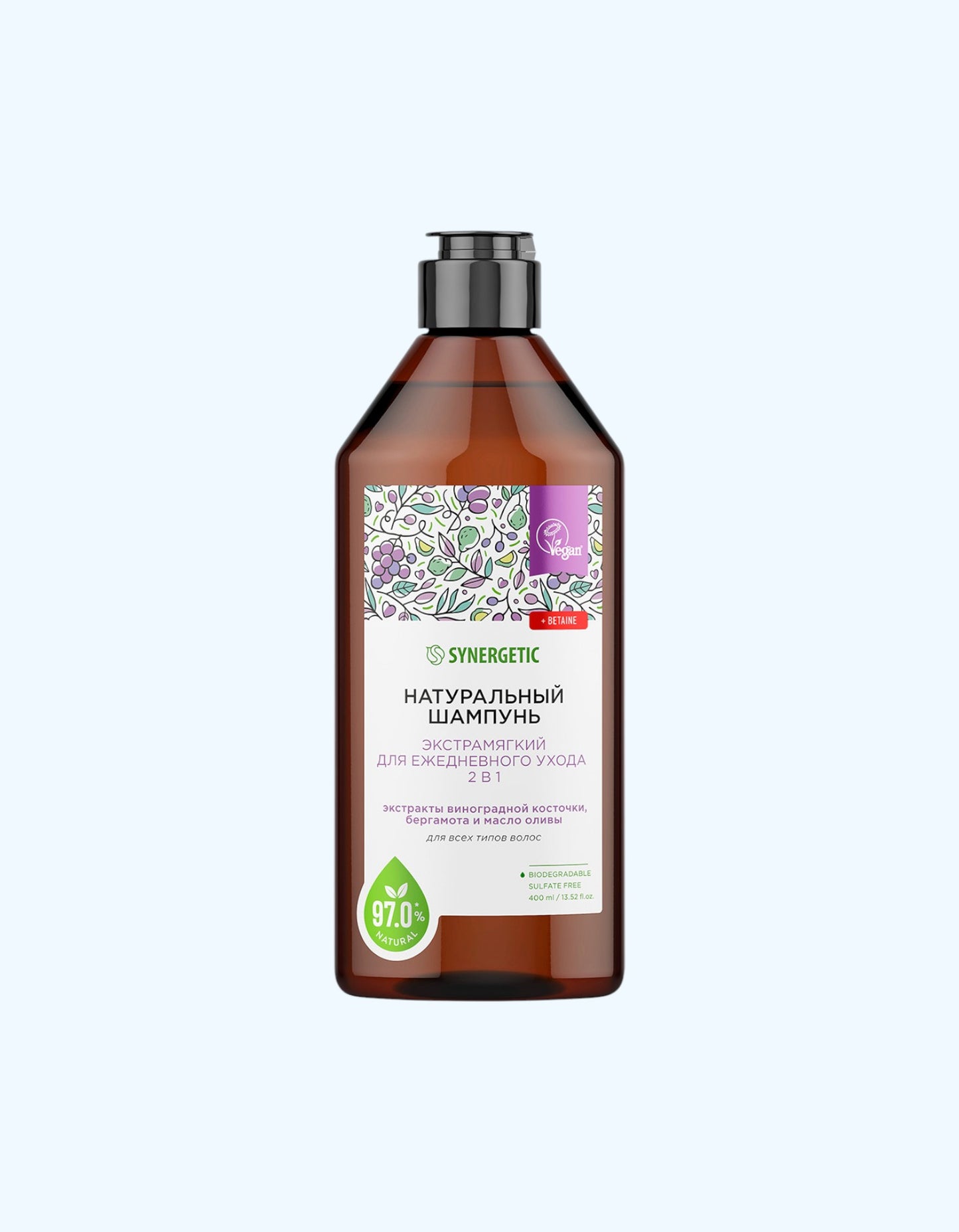 Synergetic sulfatsiz shampun "Kundalik parvarishlash uchun 2-si 1-da qo'shimcha yumshoq", 400 ml