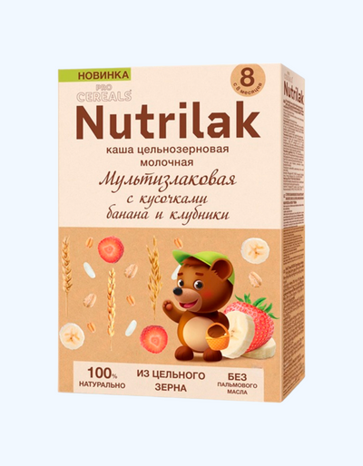 Banan va qulupnay bilan Nutrilak Premium ko'p donli bo'tqa, 8 oydan boshlab, 200 gr