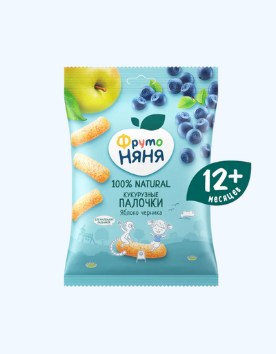 Frutonyanya Makkajo'xori olma va ko'k bilan tayoqchalar, 12+ oy, 20 g