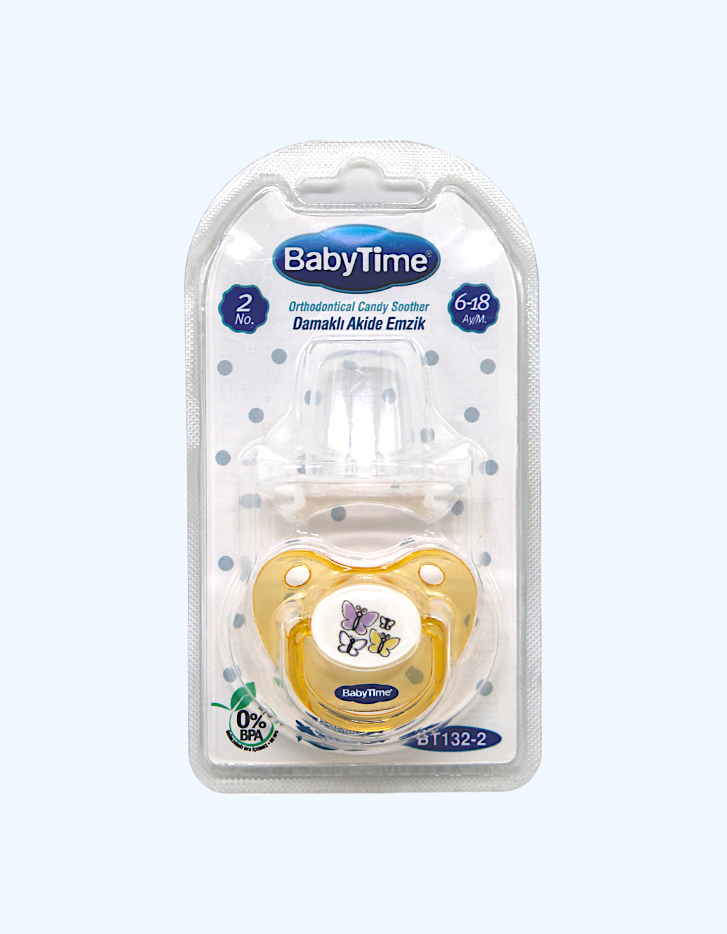 Baby Time Silikon ortodontik emzik, konfet qoplamali, 6-18 oy.