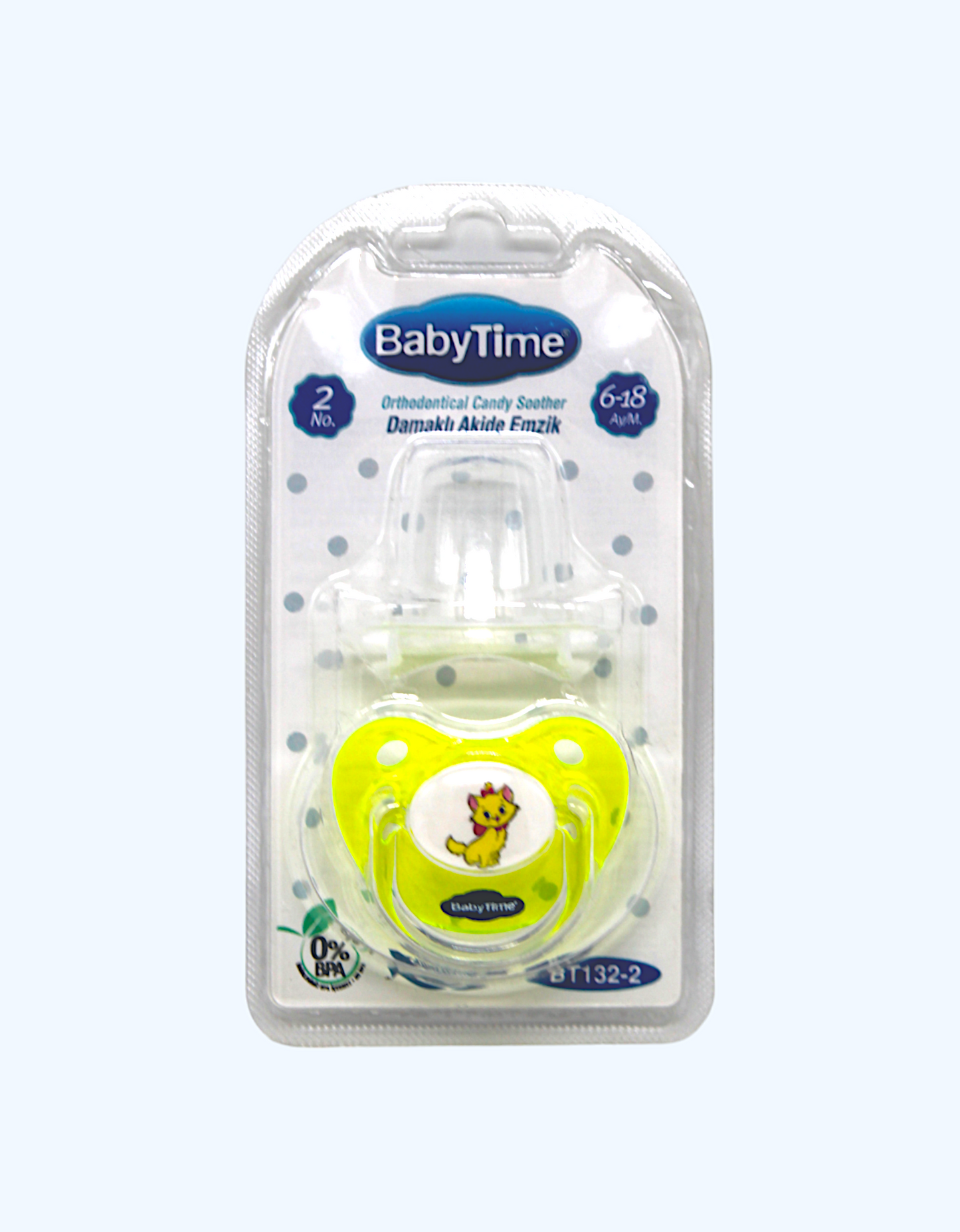Baby Time Silikon ortodontik emzik, konfet qoplamali, 6-18 oy.