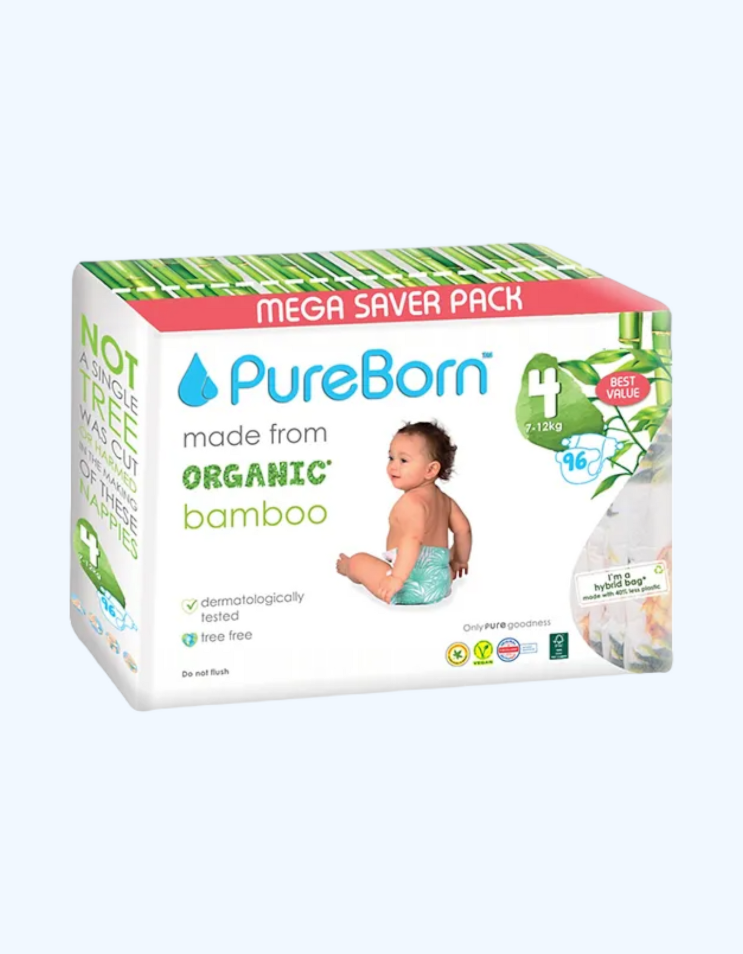 PureBorn 4 Подгузники бамбуковые, 7-12 кг, 24/48/96 шт