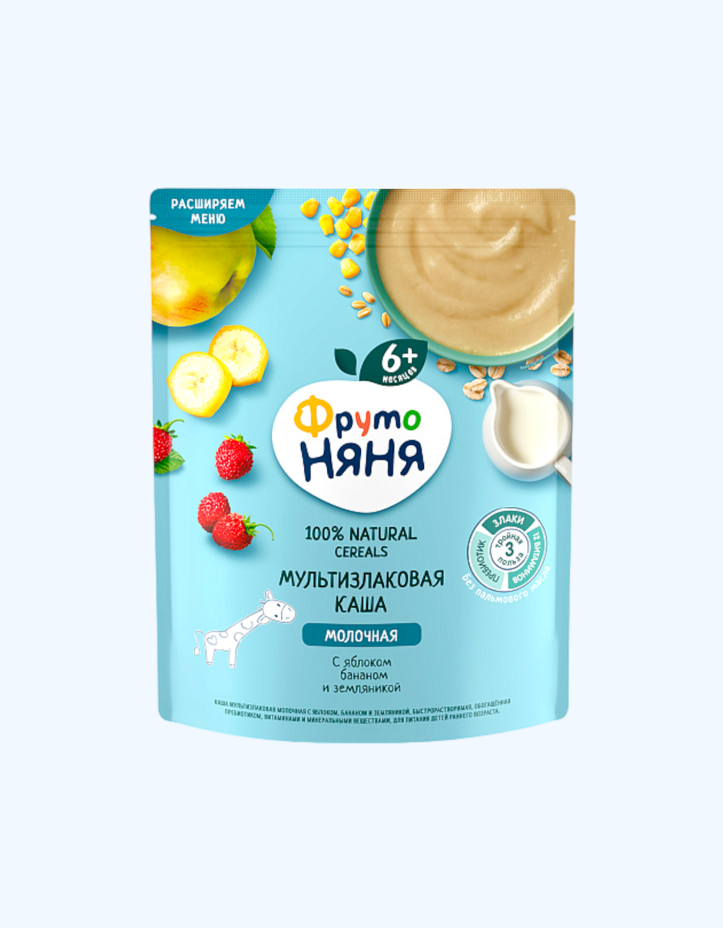 FrutoNyanya bo'tqa, sut, olma, banan, qulupnay, ko'p donli, bir zumda, 6+ oy, 200 g