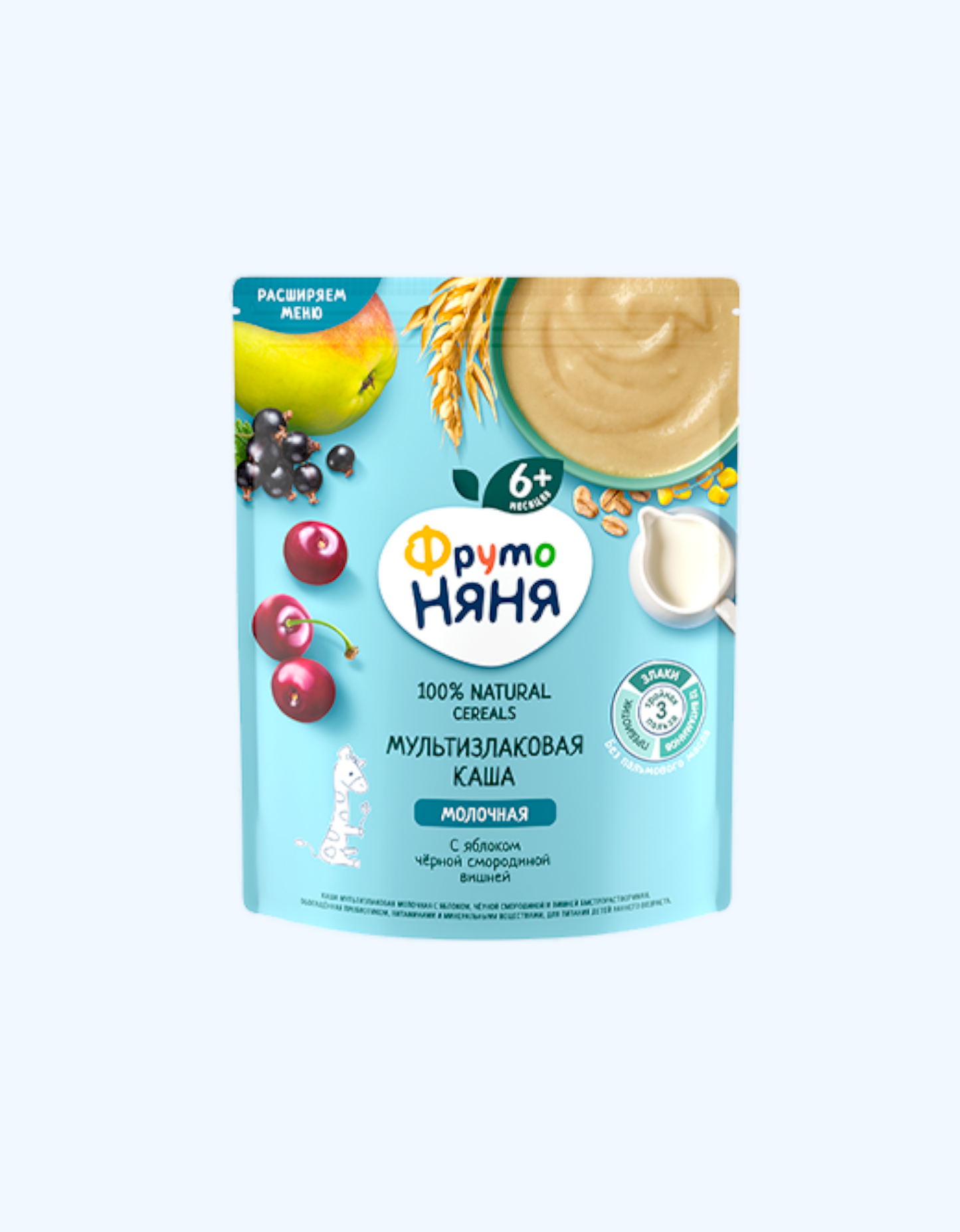 FrutoNyanya bo'tqa, sut, olma, qora smorodina, olcha, ko'p donli, bir zumda, 6+ oy, 200 g