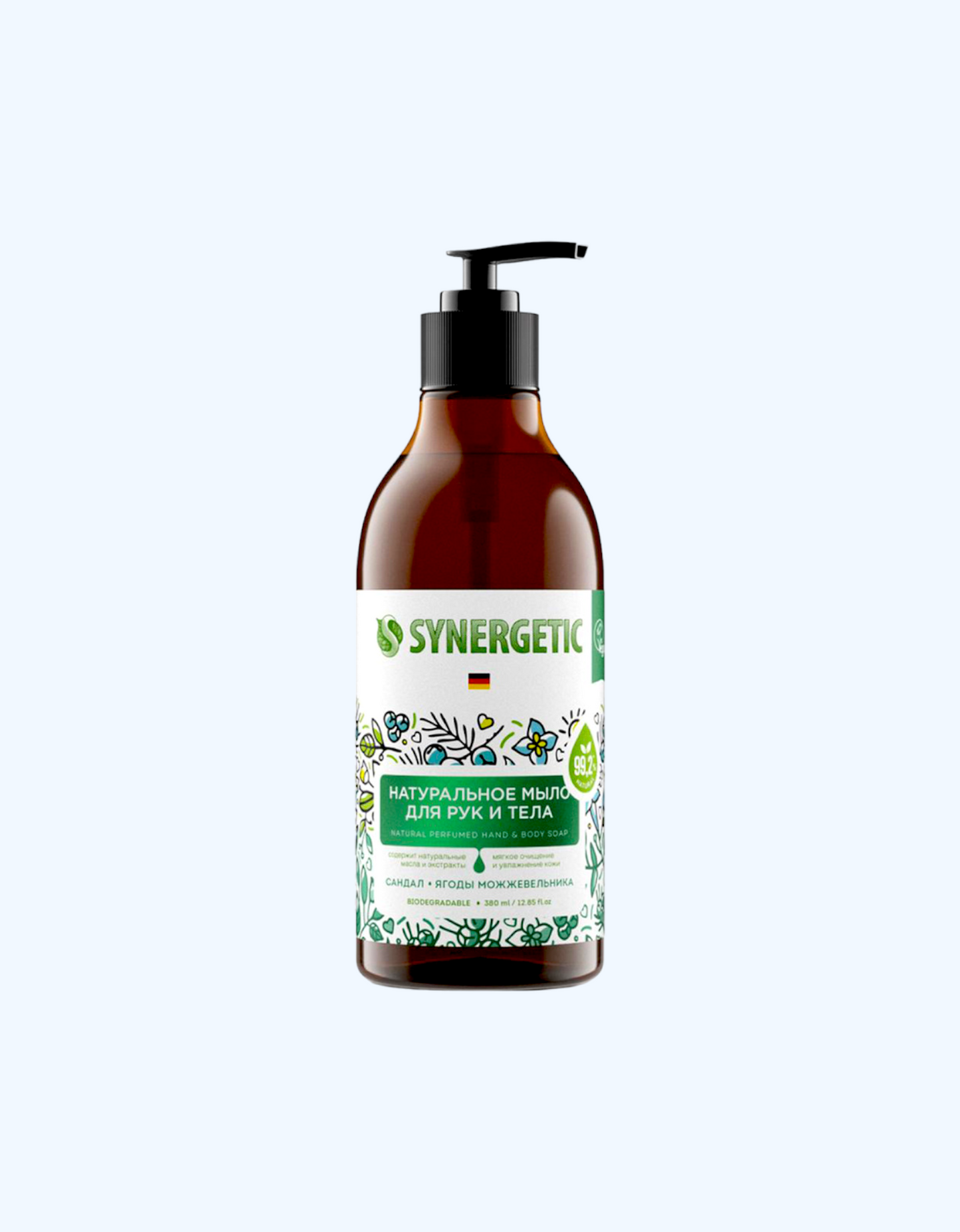 Synergetic qo'l va tana uchun suyuq sovun "Sandal daraxti va archa mevalari" namlovchi, tabiiy, 380 ml