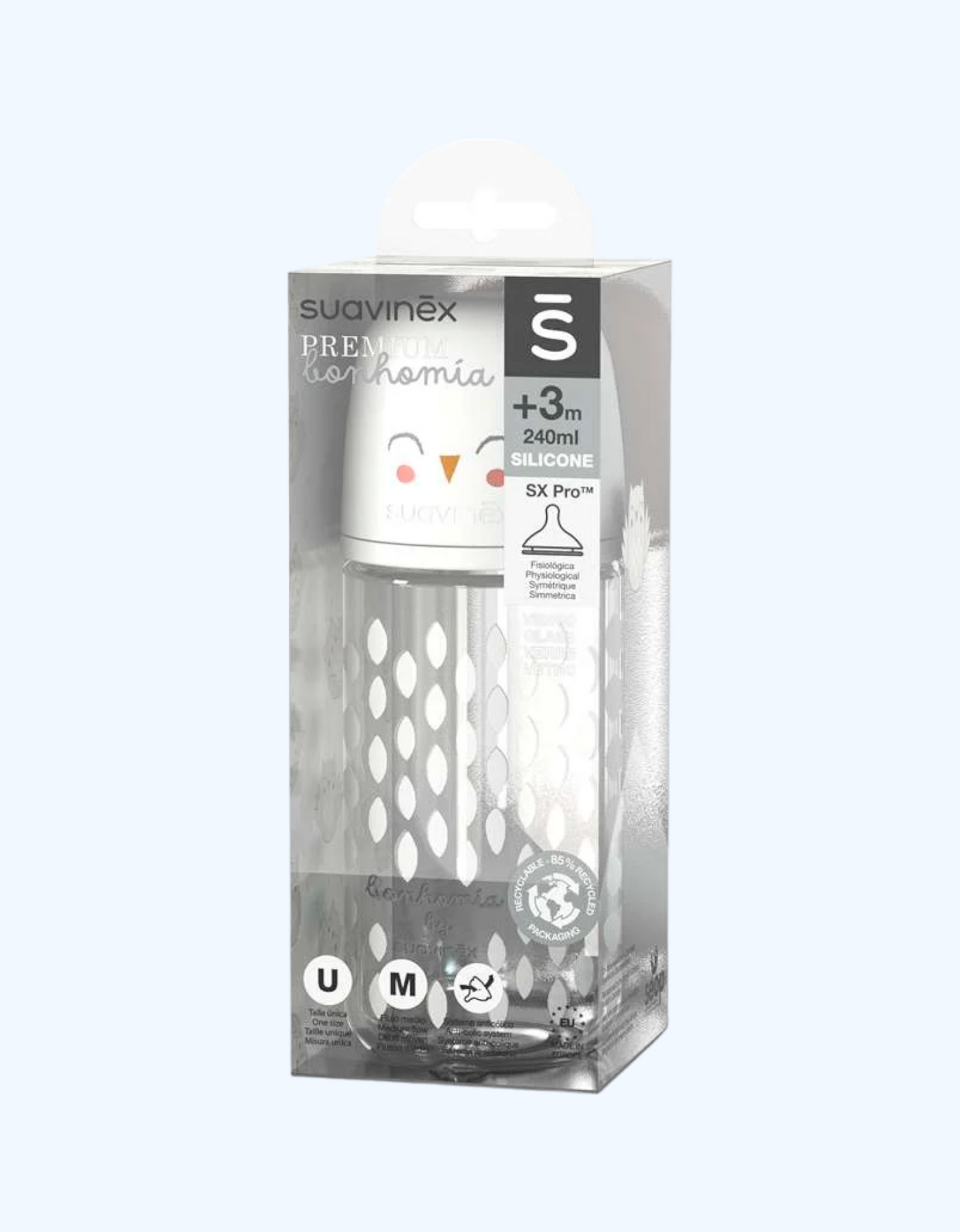 Suavinex Стеклянная бутылочка для кормления FEATHER, 3+ мес., 240 мл
