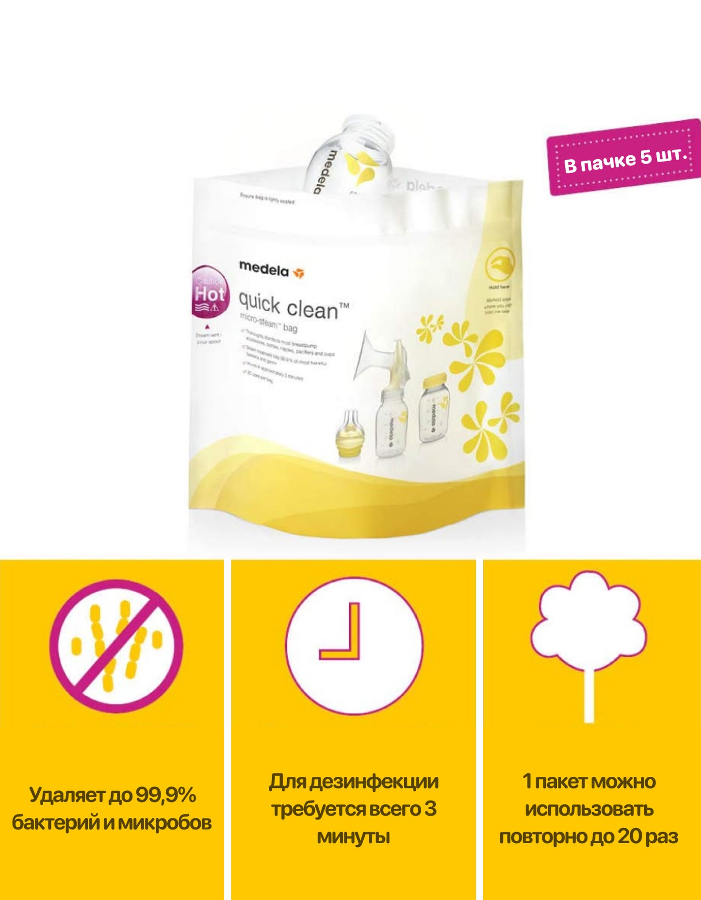 Medela Mikroto'lqinli bug'li sterilizatsiya paketlari, 5 dona.