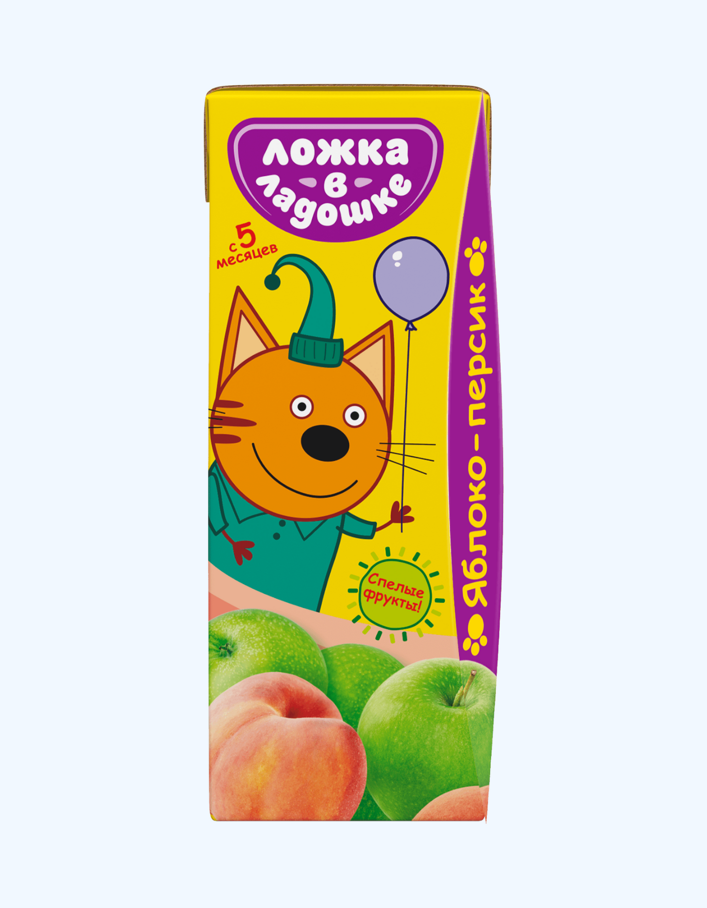 Xurmo sharbatida qoshiq uchta mushuk, olma va shaftoli, 5+ oy, 200 ml