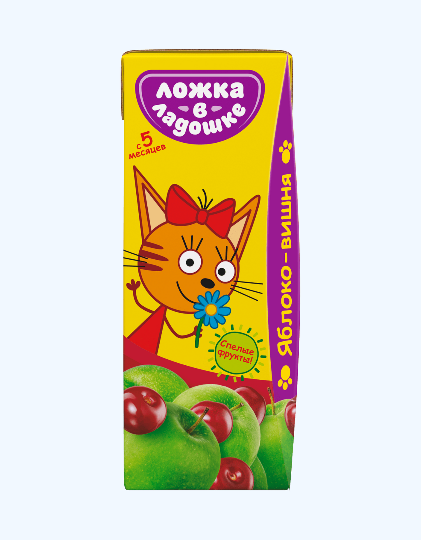 Xurmo sharbatida qoshiq uchta mushuk, olma va olcha, 5+ oy, 200 ml