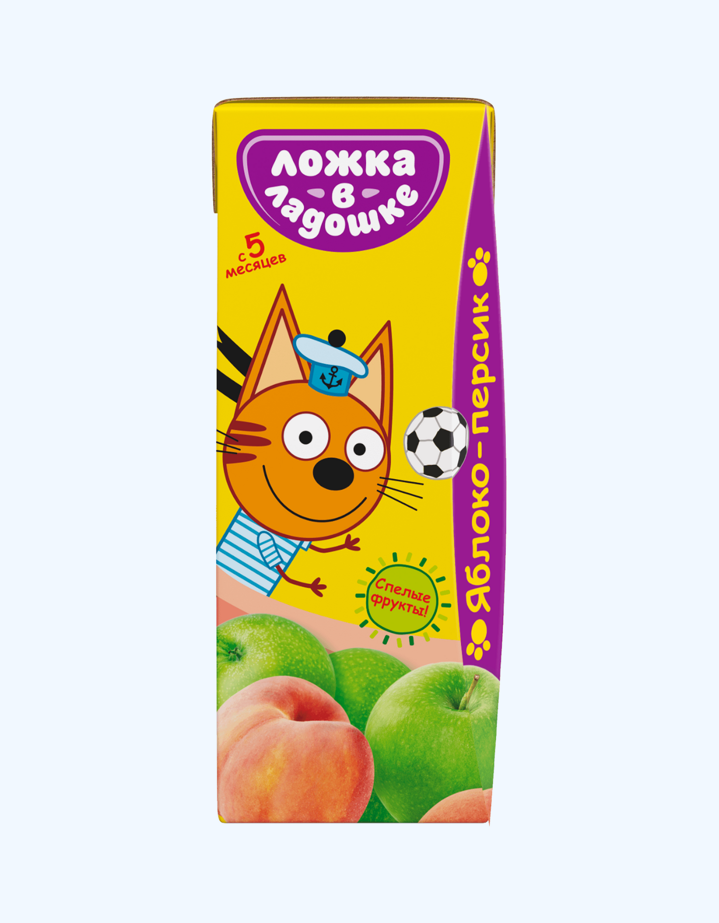 Xurmo sharbatida qoshiq uchta mushuk, olma va shaftoli, 5+ oy, 200 ml