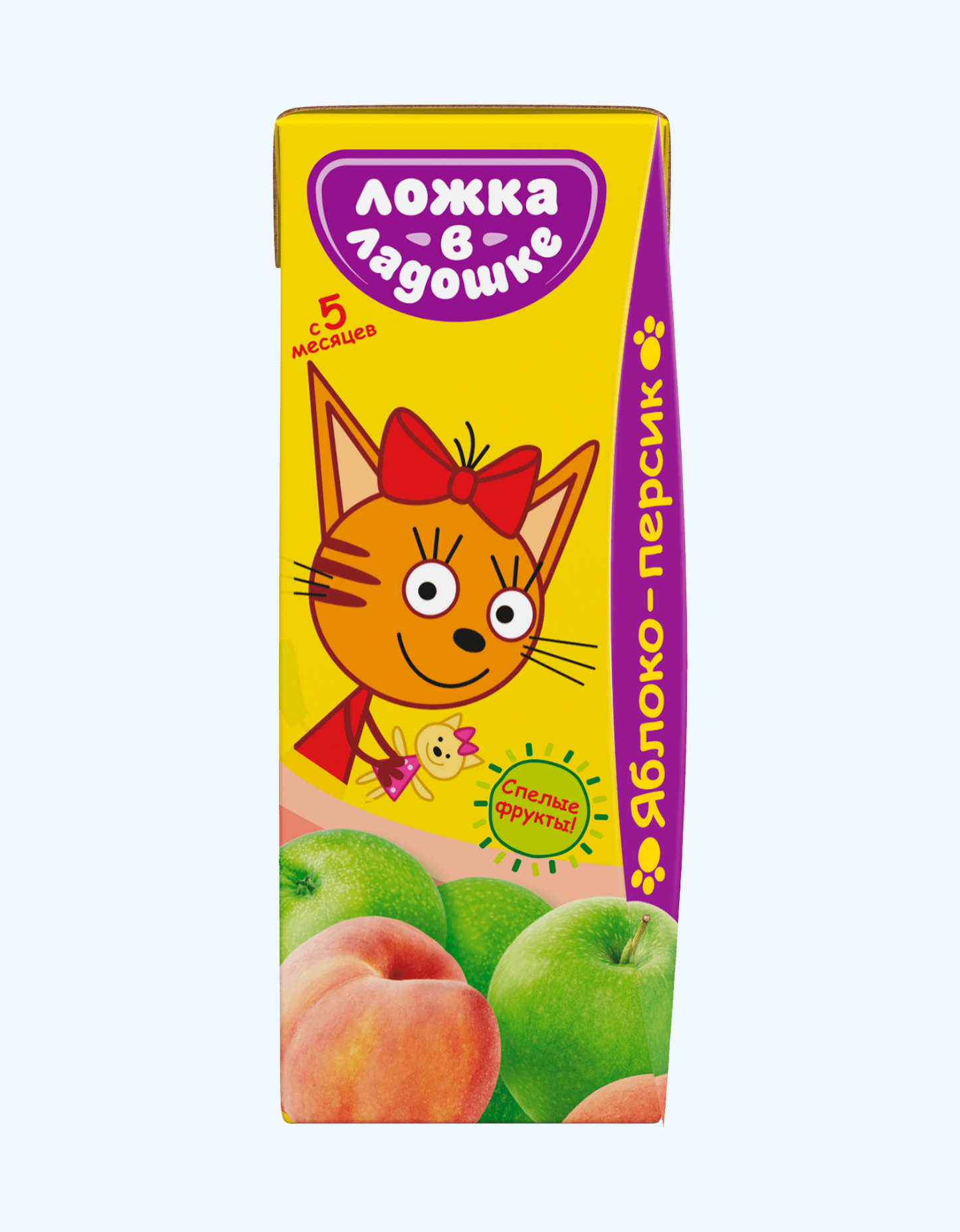 Xurmo sharbatida qoshiq uchta mushuk, olma va shaftoli, 5+ oy, 200 ml