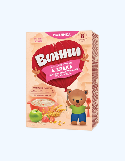Винни Молочная каша из смеси Четырех злаков с кусочками клубники и с яблоком, с 6 мес., 200 г