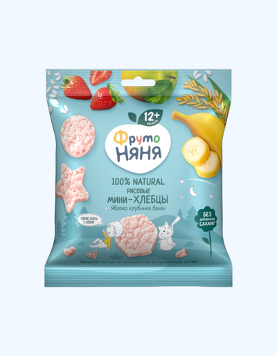 FrutoNyanya Mini-non, guruch, olma, qulupnay, banan, 12+ oy, 30 g
