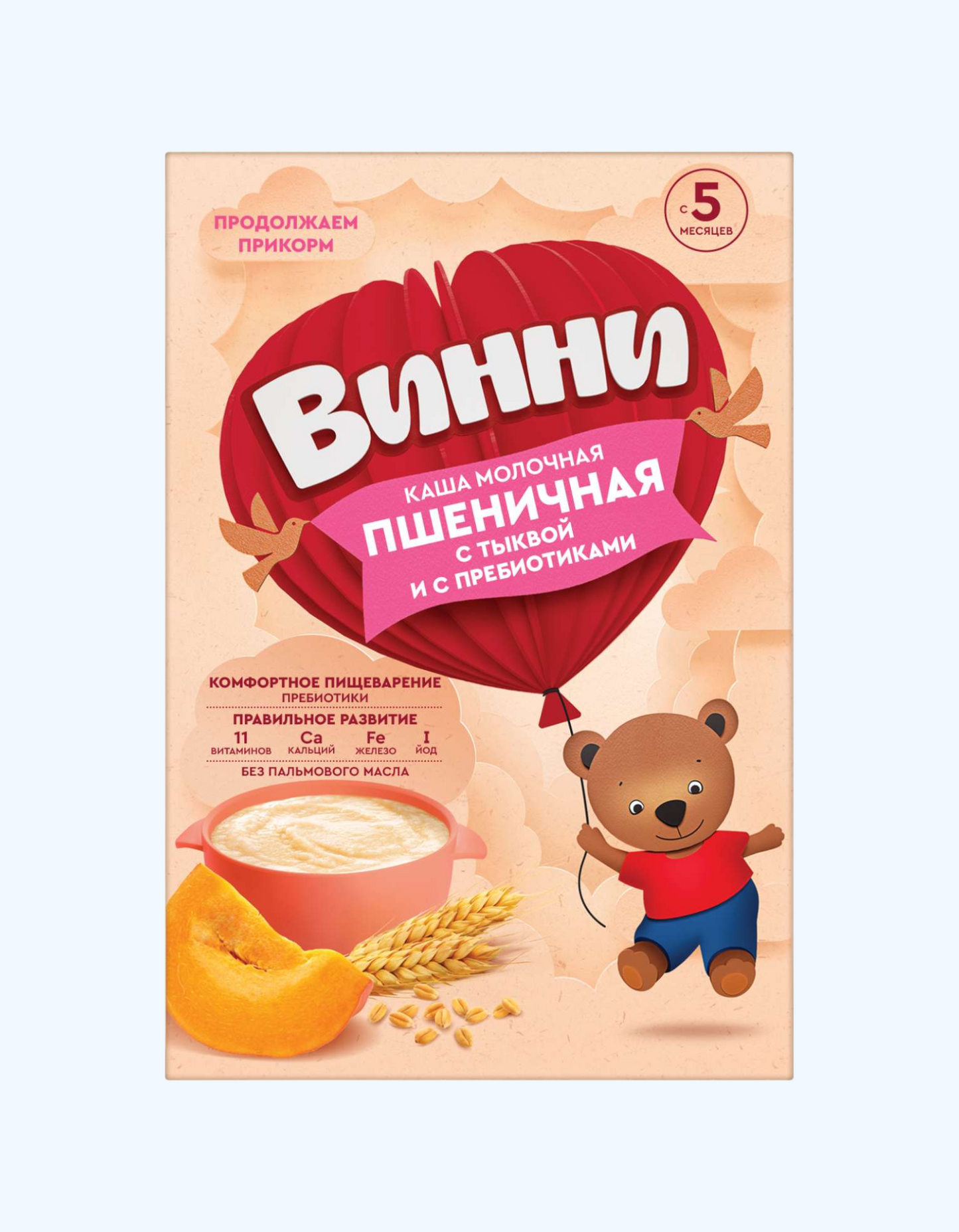Vinni sutli bug'doy pyuresi qovoq va prebiyotiklar bilan, 5 oydan boshlab, 200 g
