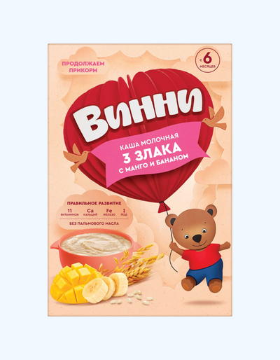 Mango va banan bilan uchta don aralashmasidan Winnie Milk pyuresi, 6 oylikdan, 200 g