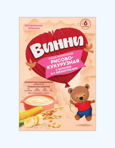 Winnie Milk Guruch va banan va prebiyotikli makkajo'xori pyuresi, 6 oydan boshlab, 200 g