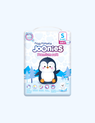 JOONIES Подгузники Premium Soft, S 3-6 кг, 64 шт
