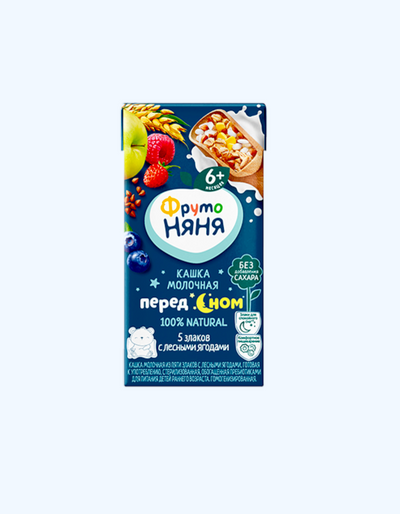 FrutoNyanya pyuresi, sut, beshta don, yovvoyi rezavorlar, 6+ oy, 200 ml