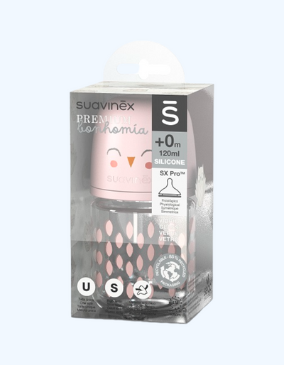 Suavinex Стеклянная бутылочка для кормления FEATHER, 0+ мес, 120 мл