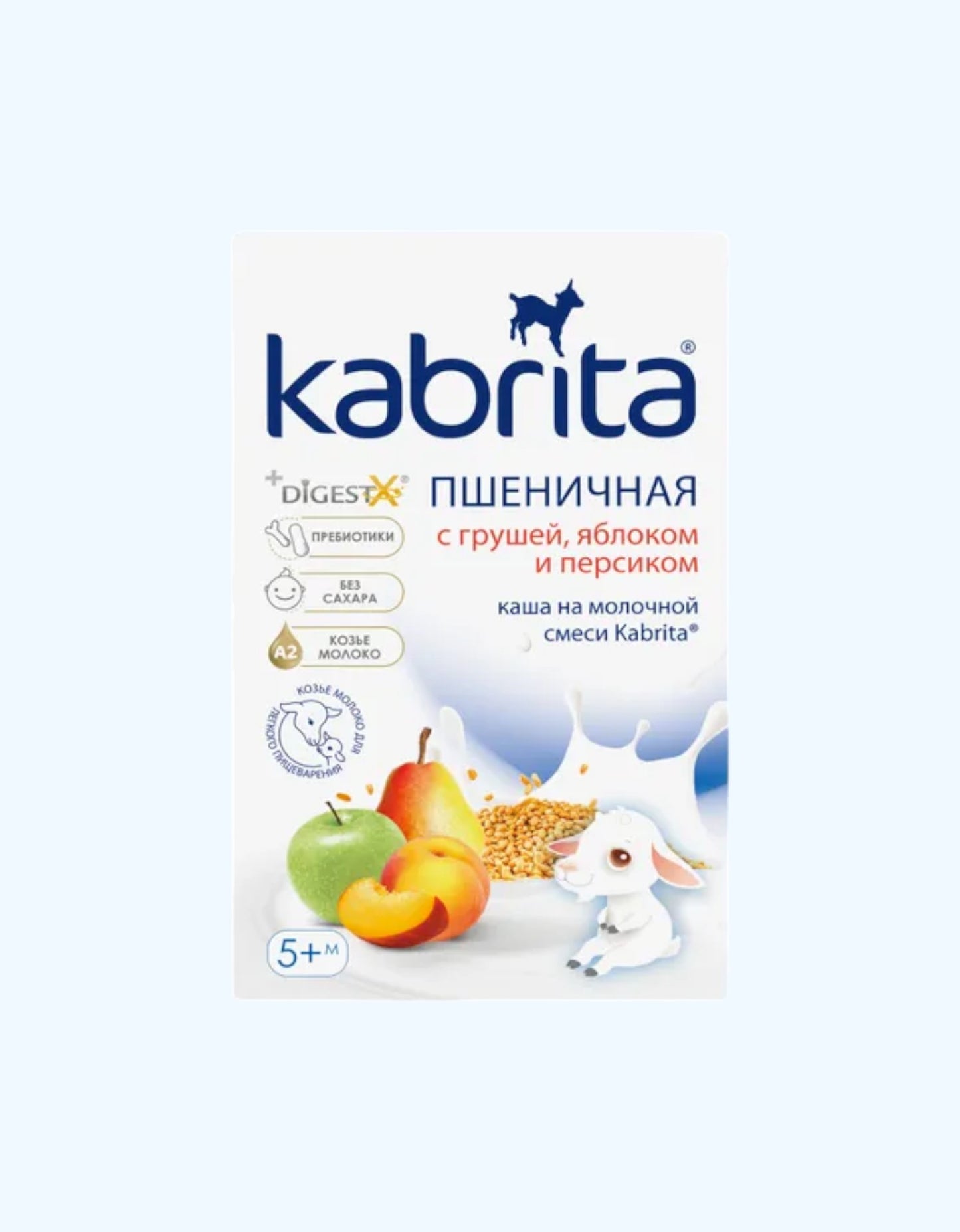 Kabrita pyuresi, echki suti, bug'doy, nok, olma va shaftoli bilan, 5+ oy, 180 g