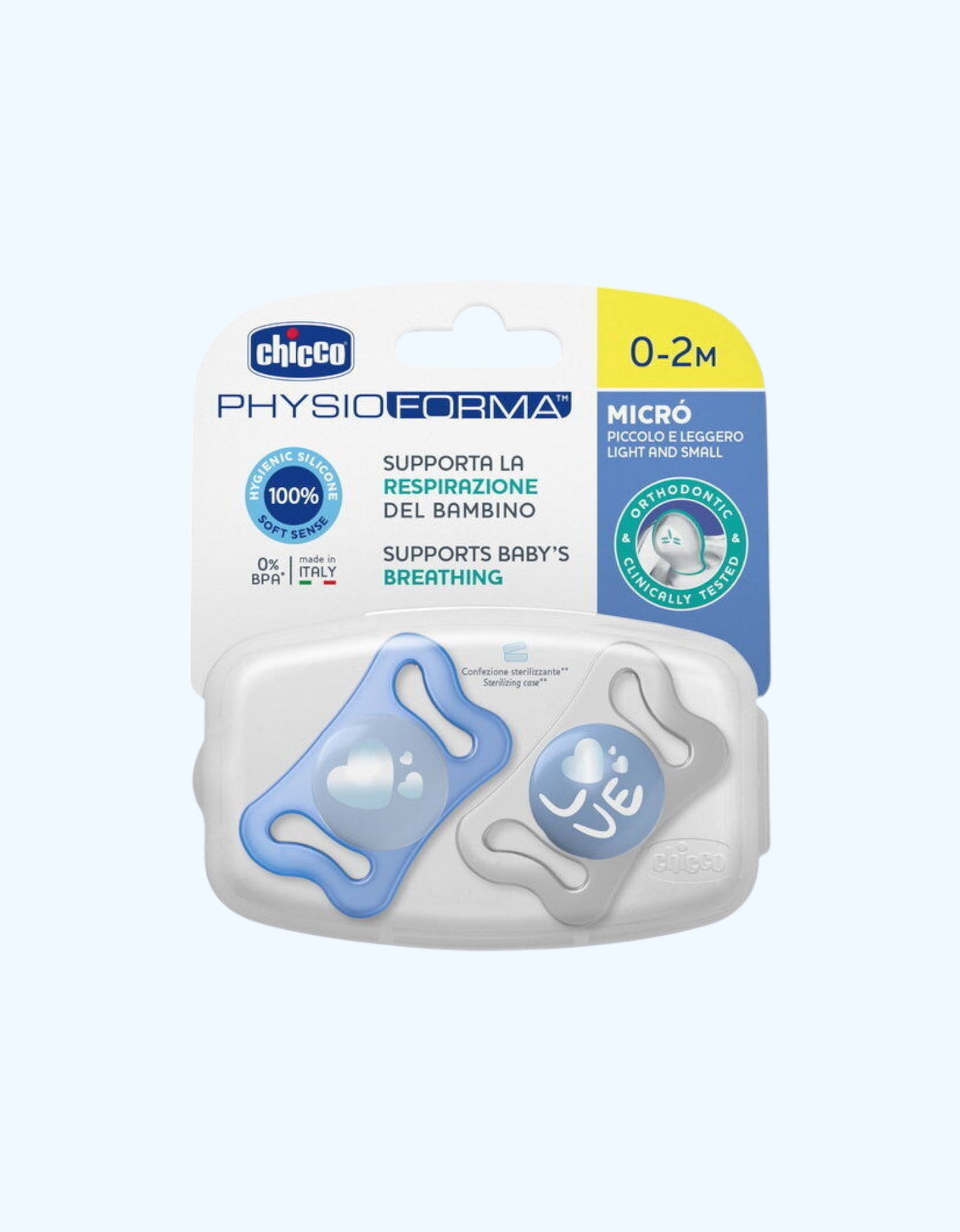 Chicco Physio Forma mikro emzik, silikon, o'g'il bolalar uchun, 0-2 oy, 2 dona