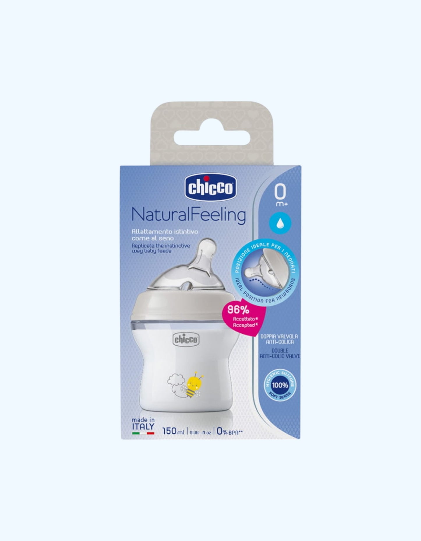 Chicco Natural Feeling shishasi, Sekin oqim, oq, 0+ oy, 150ml