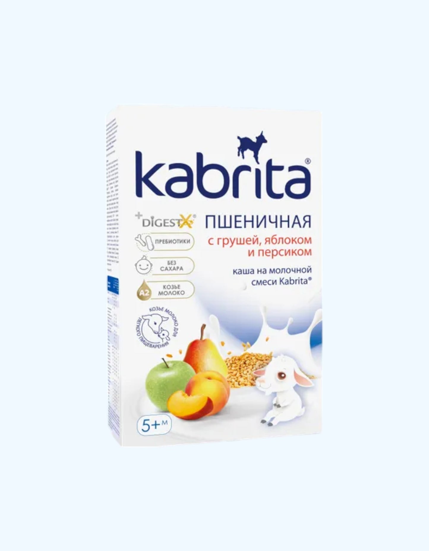 Kabrita pyuresi, echki suti, bug'doy, nok, olma va shaftoli bilan, 5+ oy, 180 g