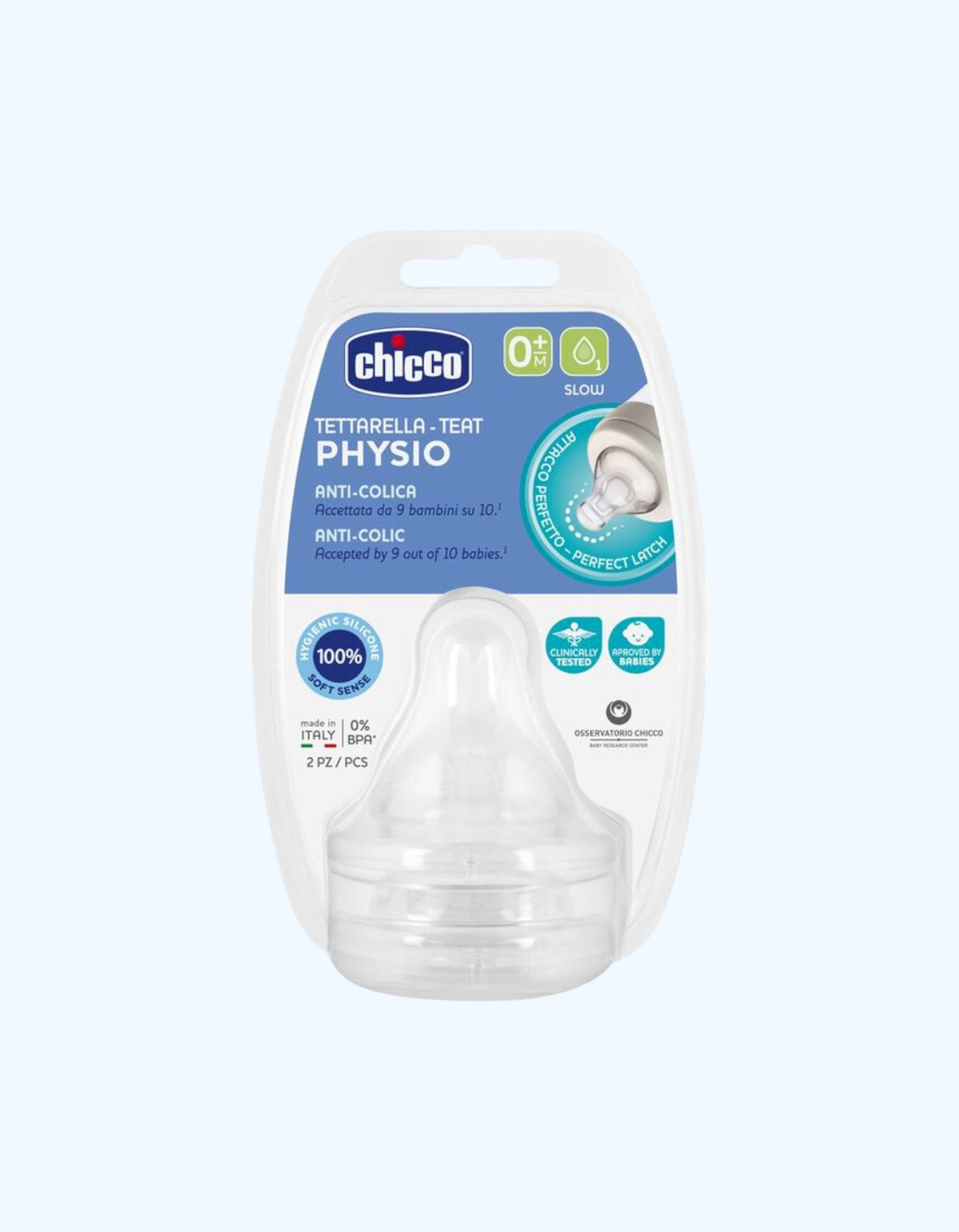 Chicco Physio Anti-Colic Соска, силиконовая, медленный поток, 0+ мес., 2 шт