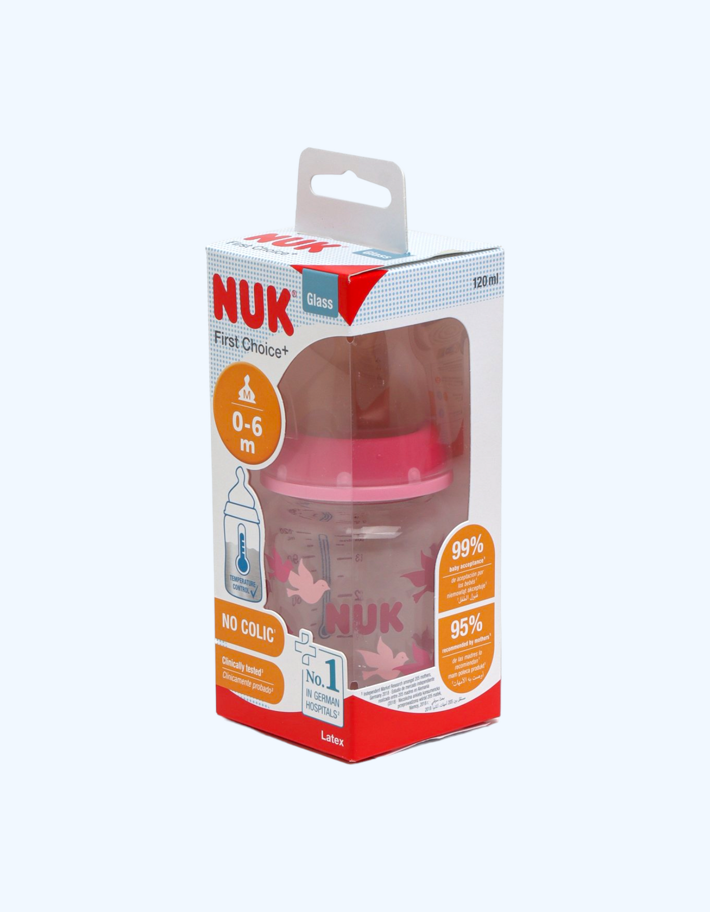 Nuk Бутылка FC+ Temp стеклянная с латексной соской, 0-6 мес., 120 мл