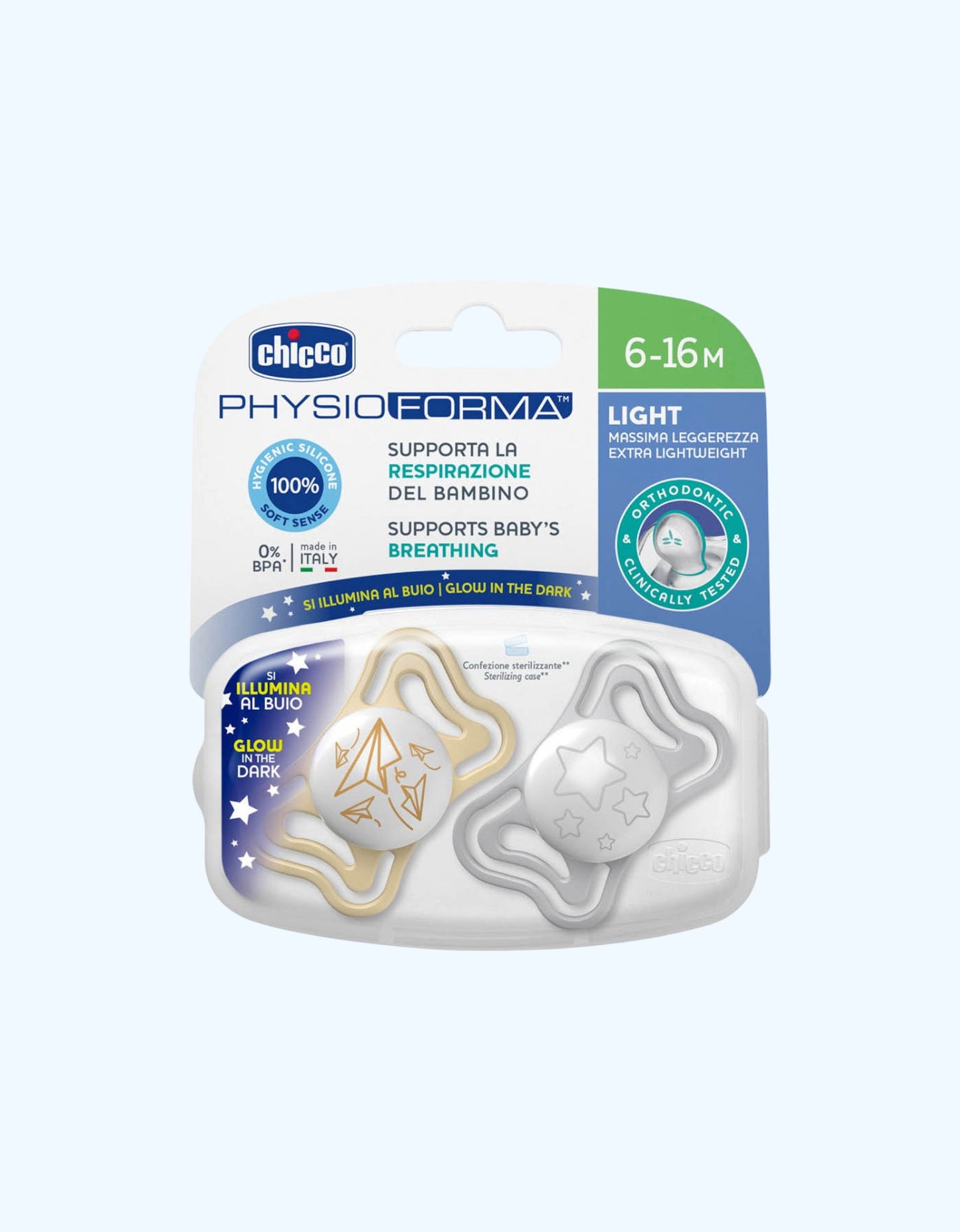 Chicco Physio Forma engil so'rg'ich, silikon, 6-16 oy, 2 dona
