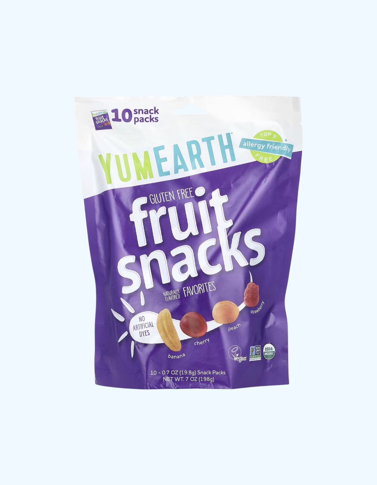 YumEarth Organik gummi, banan, qulupnay, olcha va shaftoli, 19,8 g