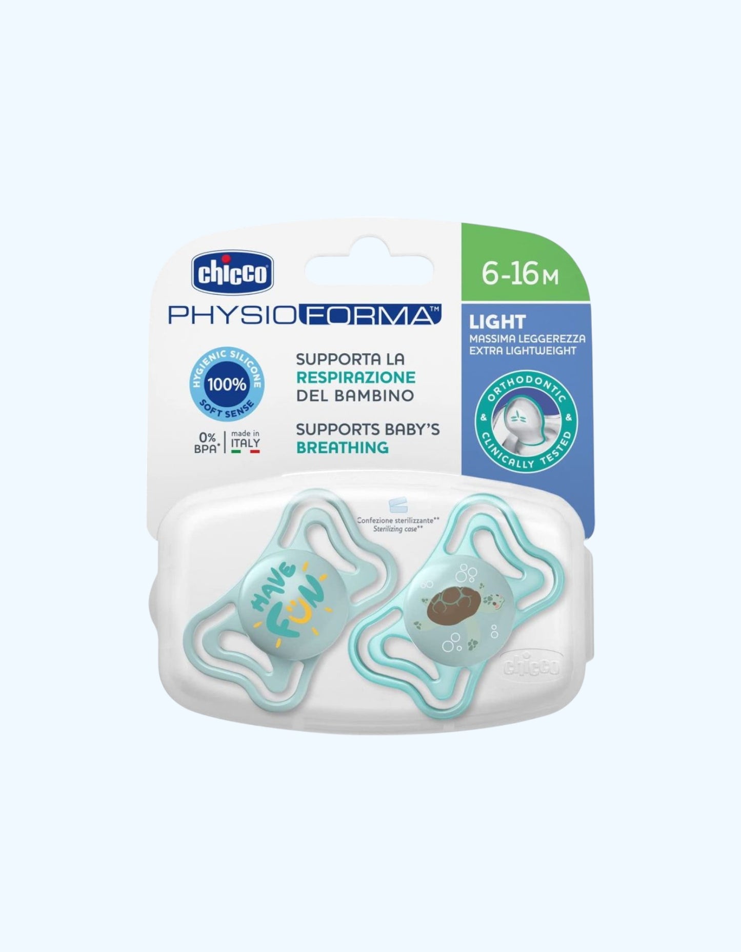 Chicco Physio Forma engil so'rg'ich, silikon, 6-16 oy, 2 dona