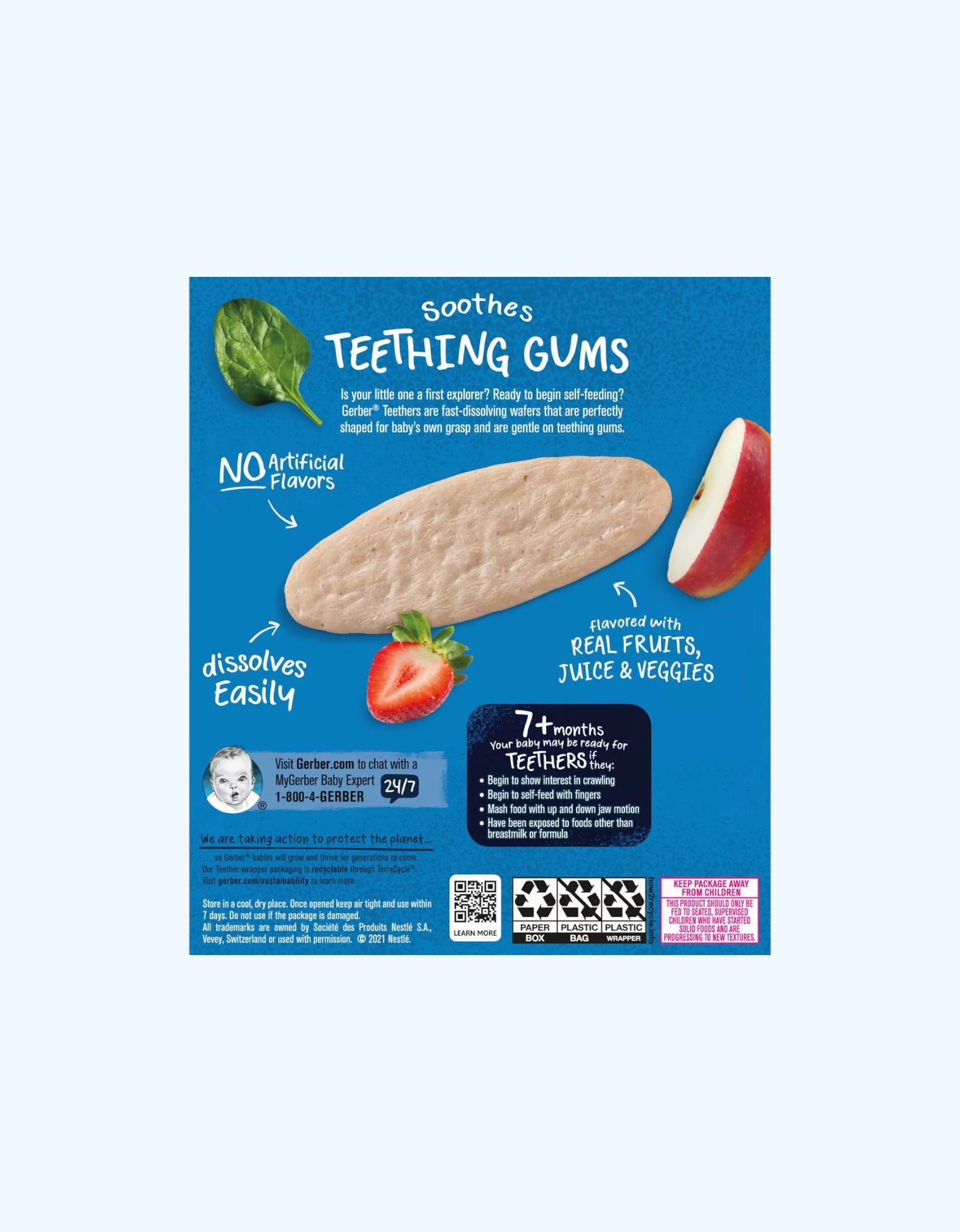 Gerber Teethers Вафли для прорезывания зубов, со вкусом яблоко, клубника и шпинат, 7+ мес., 48 г