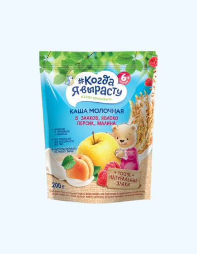 Когда Я Вырасту Каша молочная 5 злаков, яблоко, персик, малина, 6+ мес., 200 г