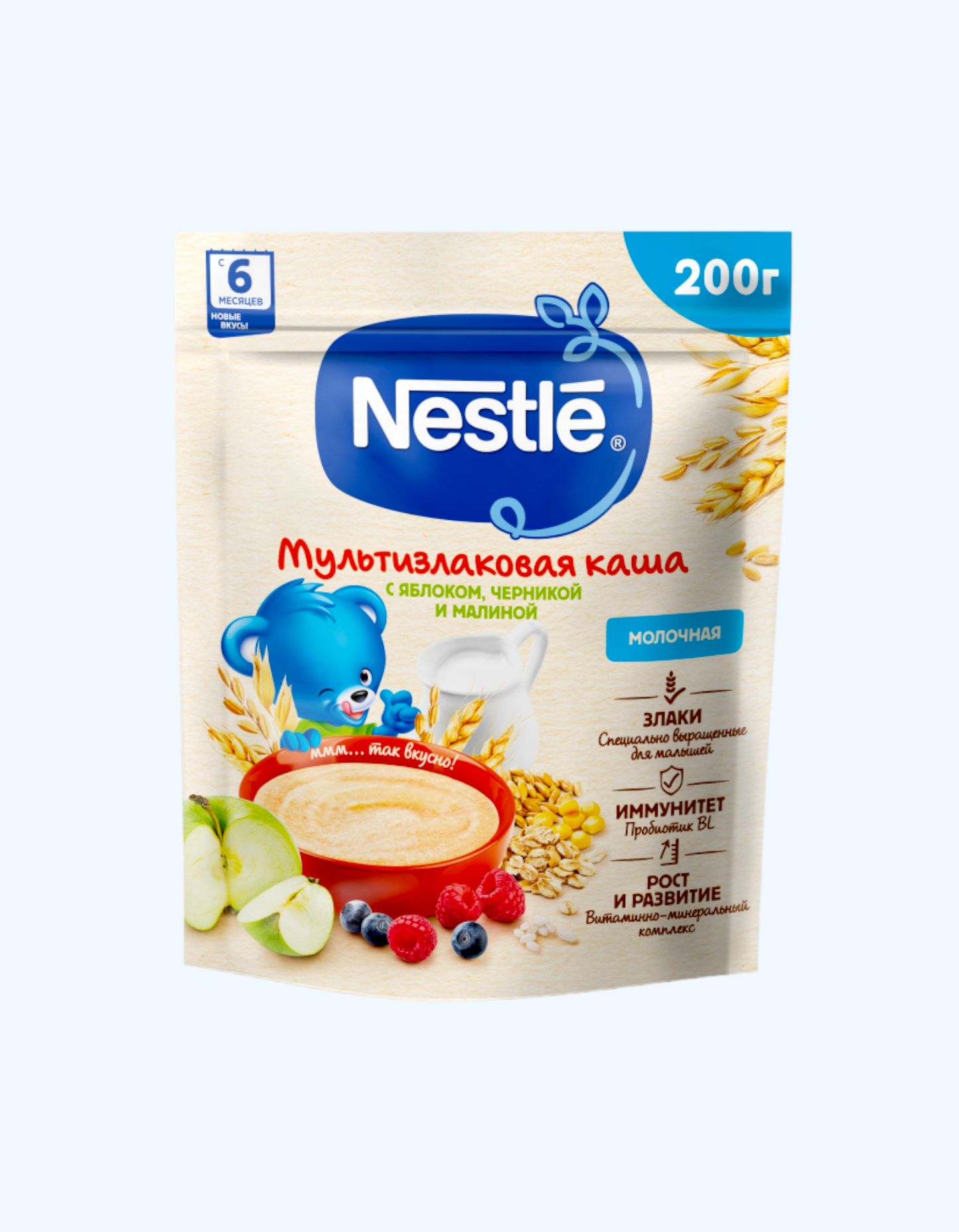 Nestle bo'tqasi, sutli ko'p donli, olma, ko'k, malina 6 oylikdan, 200 g
