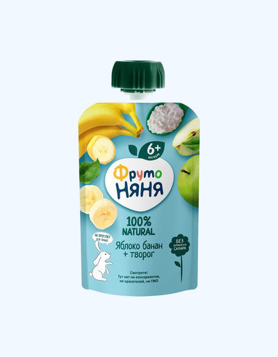 ФрутоНяня Пюре, яблоко, банан, творог, 6+ мес., 90 г