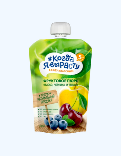 Men o'sganimda pyuresi, olma, ko'k, olcha, shakarsiz, 5+ oy, 220g