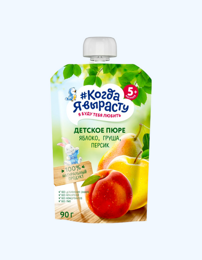 Men o'sganimda pyuresi, olma, nok, shaftoli, gomogenlangan sterillangan, 5+ oy, 90 g