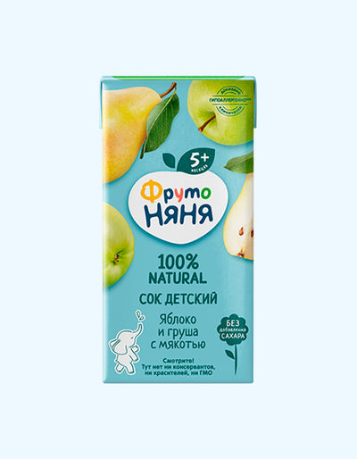 ФрутоНяня Сок яблочно-грушевый с мякотью, 5+мес., 200 мл