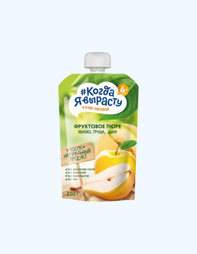 Men o'sganimda pyuresi, olma, nok, qovun, shakarsiz, 6+ oy, 220g