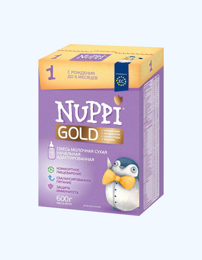 Nuppi Gold 1, quruq sut formulasi, 0-6 oy, dastlabki moslashtirilgan, 300/600 g