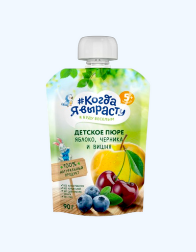 Men o'sganimda pyuresi, olma, ko'k, olcha, shakarsiz, 5+ oy, 90g