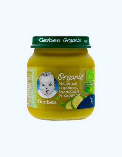 Gerber pyuresi, yashil no'xat, brokkoli va qovoq, 7+ oy, 125 g