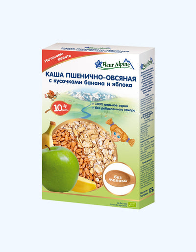 Fleur Alp pyuresi, sutsiz, bug'doy-jo'xori, banan, olma, 10+ oy, 175 g