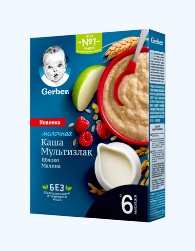 Gerber Milk pyuresi, ko'p donli, olma, malina, 6+ oy, 180 g